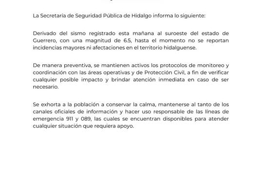 La Secretaría de Seguridad Pública de Hidalgo informa lo siguiente: