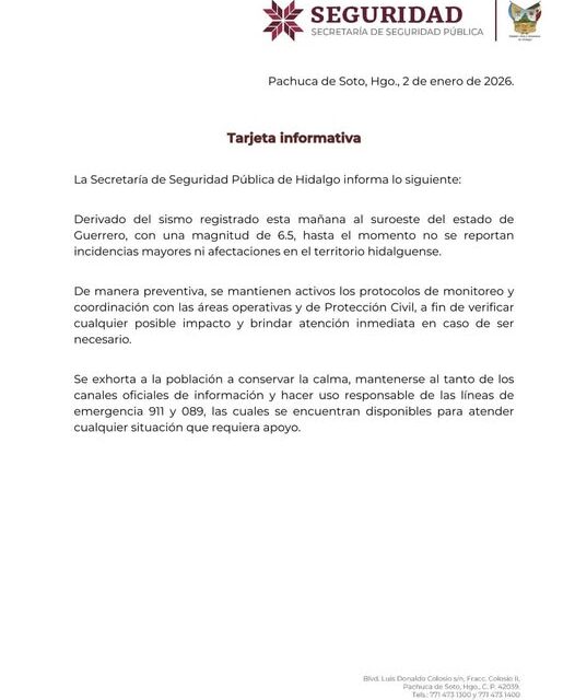 La Secretaría de Seguridad Pública de Hidalgo informa lo siguiente: