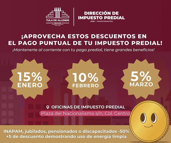 Aprovecha los descuentos en el pago del impuesto predial en Tula de Allende