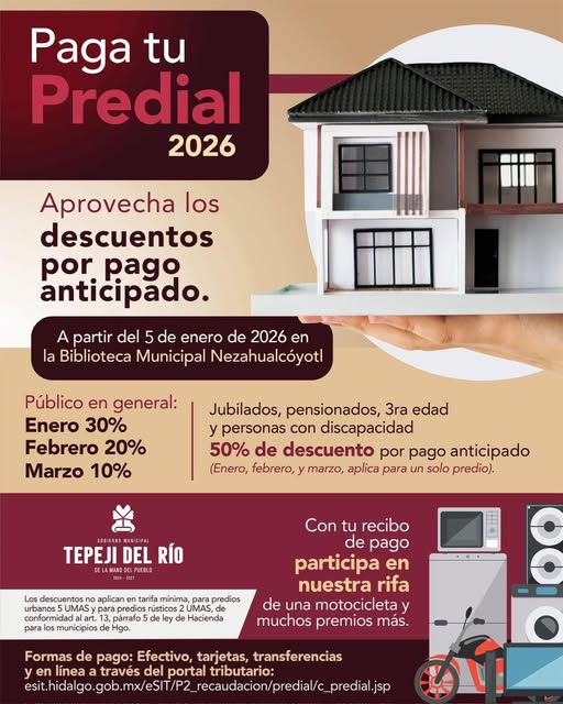Aprovecha los descuentos que el Gobierno Municipal Tepeji del Río tiene para ti en el pago del Impuesto Predial