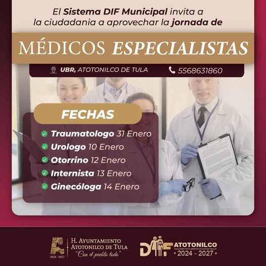 Habrá Jornada de Atención con Médicos Especialistas en Atotonilco de Tula