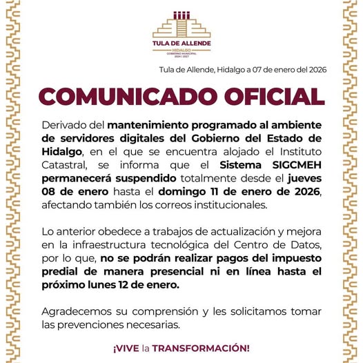 Gobierno de Tula de Allende emite el siguiente comunicado