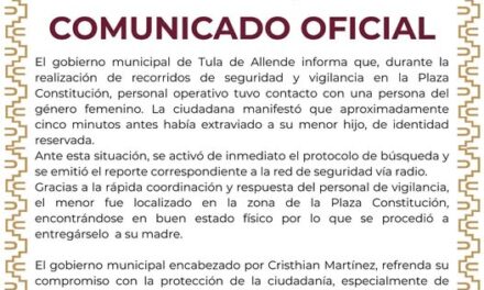 Policías de Tula localizan a niño extraviado en la Plaza Constitución