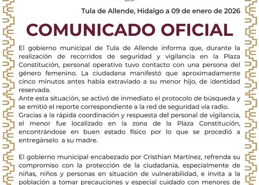 Policías de Tula localizan a niño extraviado en la Plaza Constitución