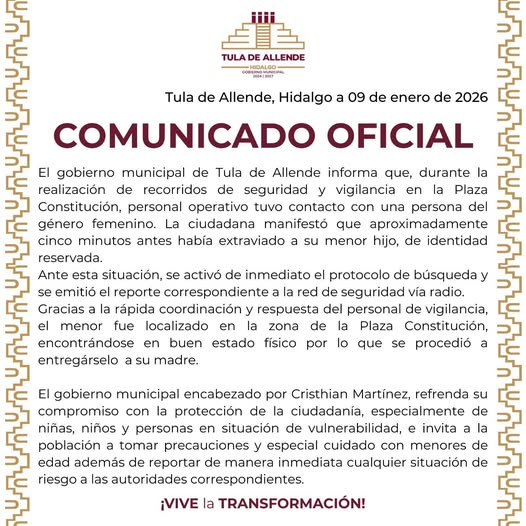 Policías de Tula localizan a niño extraviado en la Plaza Constitución