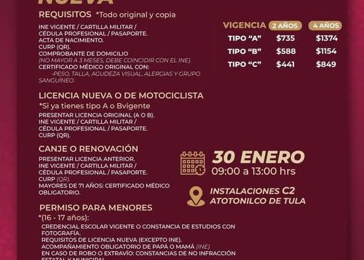 El próximo 30 de enero podrás realizar tu trámite de licencia de conducir en Atotonilco de Tula