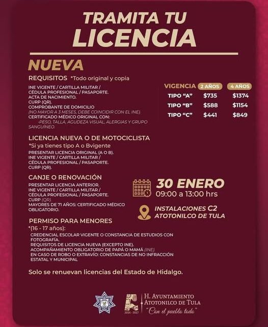 El próximo 30 de enero podrás realizar tu trámite de licencia de conducir en Atotonilco de Tula