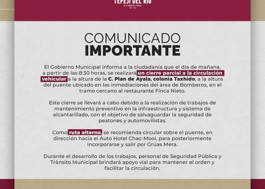 Habrá cierre de circulación parcial por trabajos de mantenimiento en la calle Plan de Ayala en Tepeji