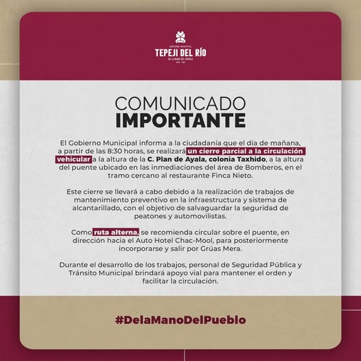 Habrá cierre de circulación parcial por trabajos de mantenimiento en la calle Plan de Ayala en Tepeji
