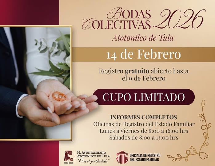 El Gobierno de Atotonilco de Tula invita a las parejas a participar en las Bodas Colectivas 2026