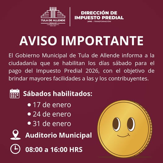 Gobierno de Tula de Allende habilita los días sábados del mes de enero para el pago del impuesto predial