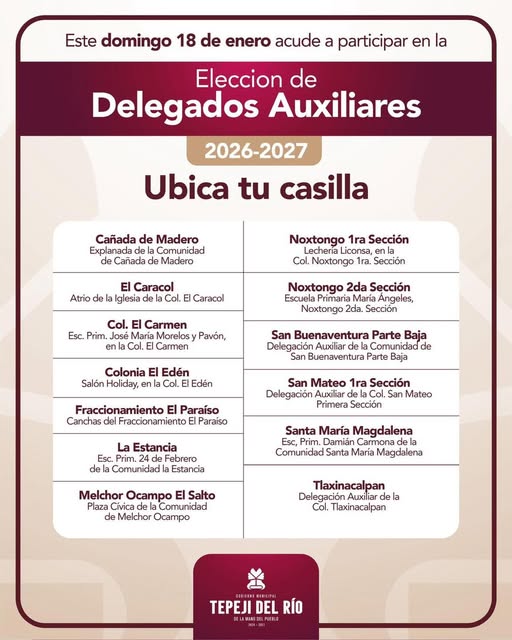 Ubicación de las casillas para la elección de Autoridades Auxiliares 2026-2027 en Tepeji del Río