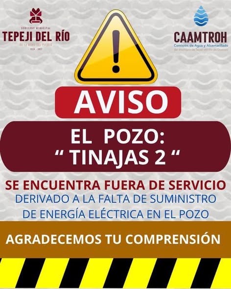 Suspenden servicio de agua potable en Taxhido y Tinajas por falta de energía eléctrica