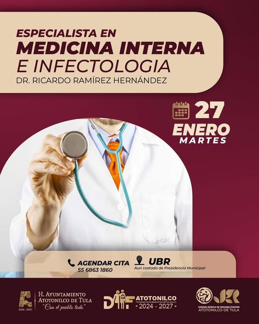 Especialista en Medicina Interna e infectología estará dando atención en Atotonilco de Tula