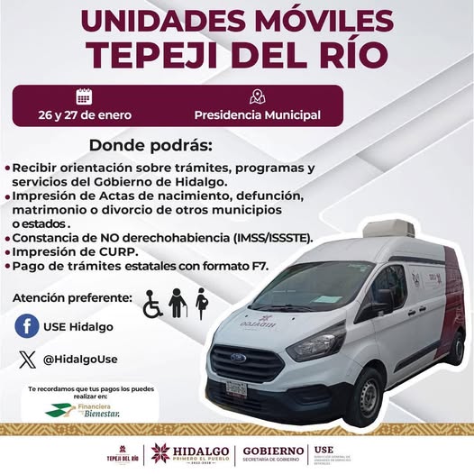 Las Unidades Móviles del Gobierno de Hidalgo estarán brindando servicio en Tepeji del Río