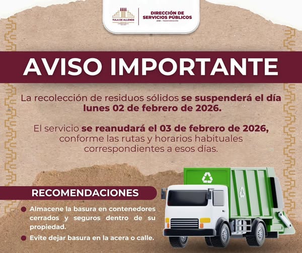 Suspenderán servicio de recolección de residuos sólidos en Tula por día festivo