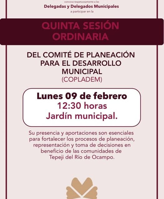 Se levará a cabo la Quinta Sesión Ordinaria del COPLADEM en Tepeji del Río