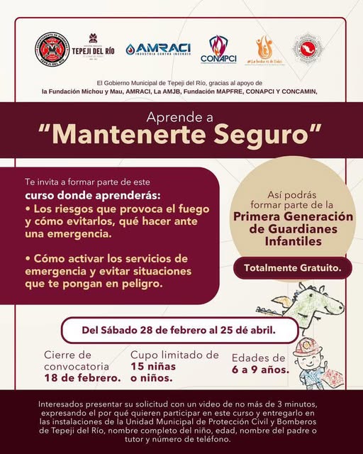 Invitan a formar parte de el Curso enfocado a niñas y niños de entre 6 y 9 años “APRENDE A MANTENERTE SEGURO” en Tepeji del Río