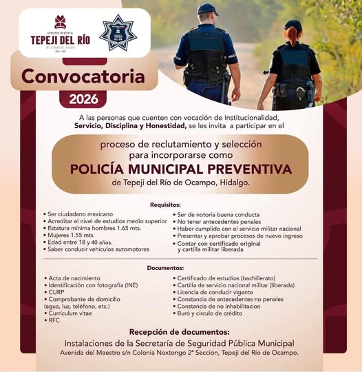 Convocatoria para incorporarse como POLICÍA MUNICIPAL PREVENTIVA de Tepeji del Río de Ocampo