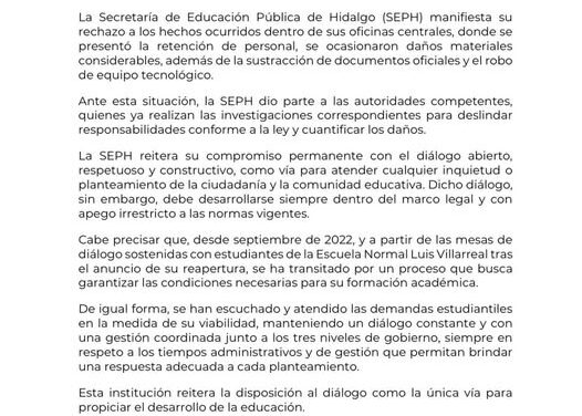 SEP Hidalgo emite el siguiente comunicado: