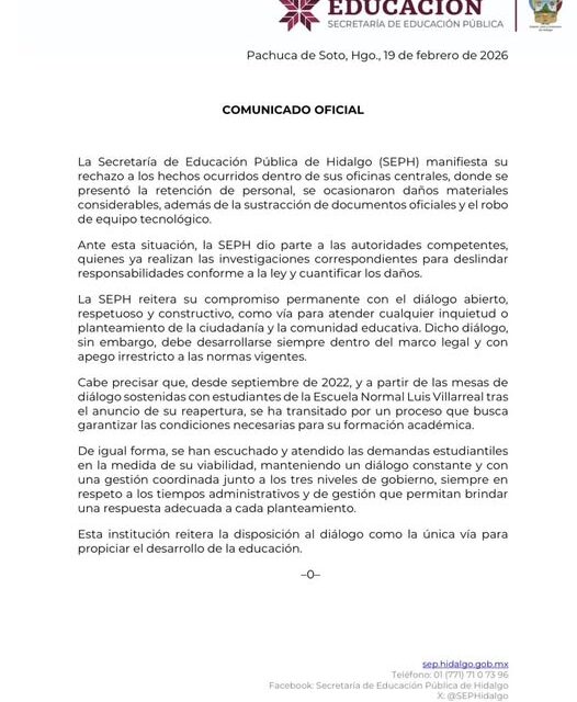 SEP Hidalgo emite el siguiente comunicado: