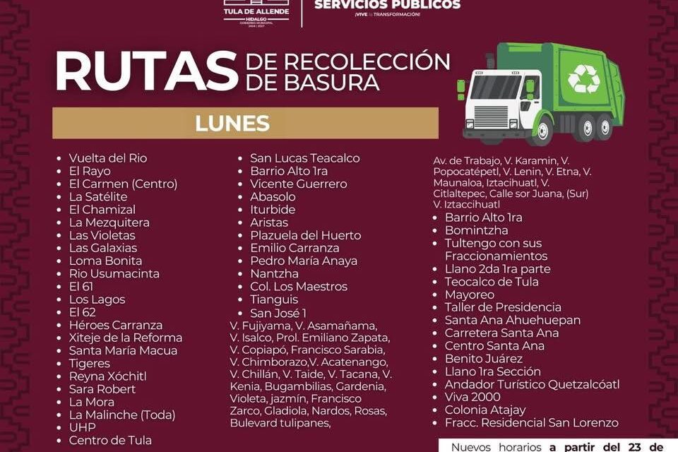 El gobierno municipal de Tula informa el nuevo calendario de rutas de recolección de residuos sólidos