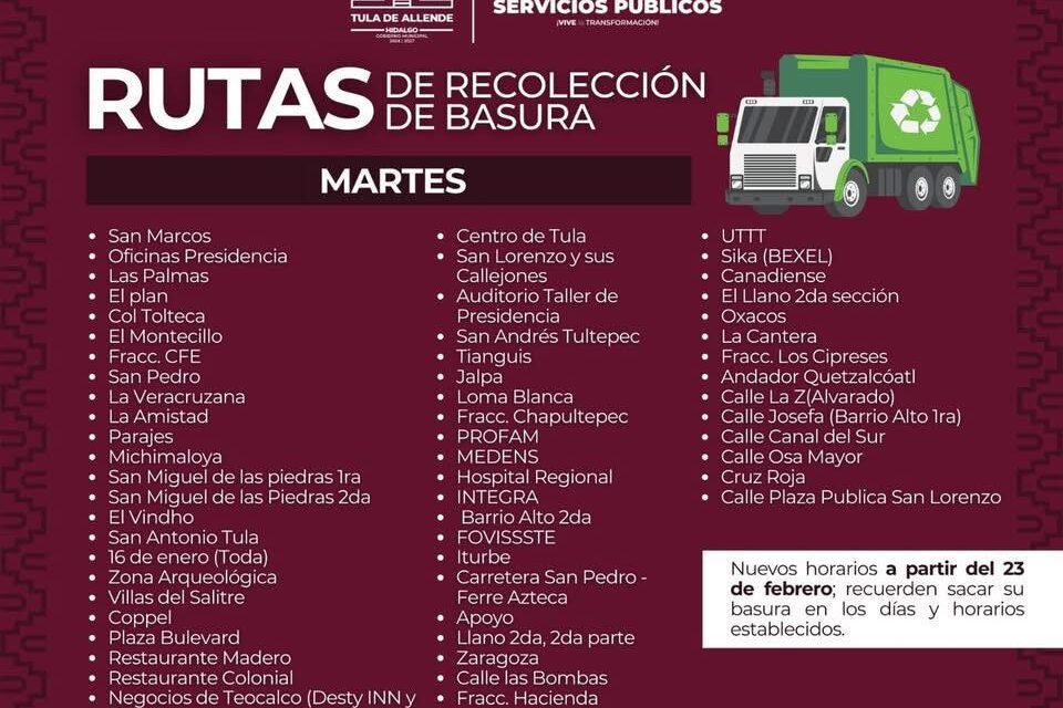 El gobierno municipal de Tula informa el nuevo calendario de rutas de recolección de residuos sólidos