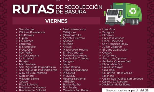 El gobierno municipal de Tula informa el nuevo calendario de rutas de recolección de residuos sólidos
