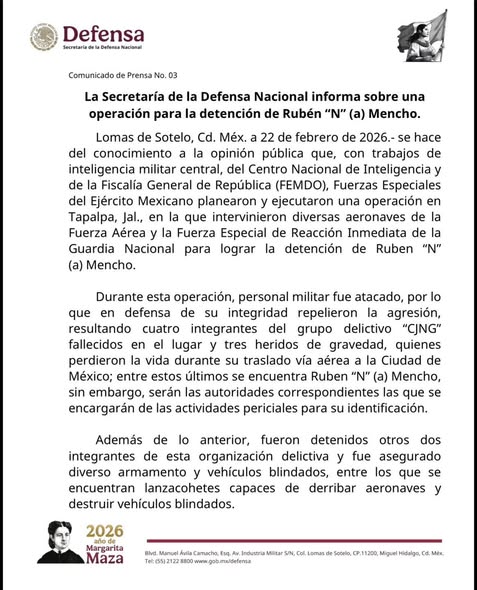 La Secretaría de la Defensa Nacional informa sobre una operación para la detención de Rubén «N» (a) Mencho