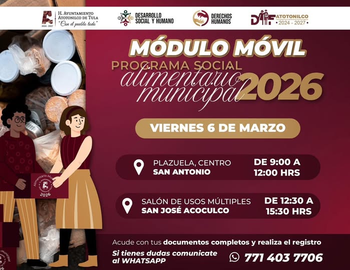 El módulo móvil de registro al «Programa Social Alimentario Municipal 2026» estará en la comunidad de San Antonio
