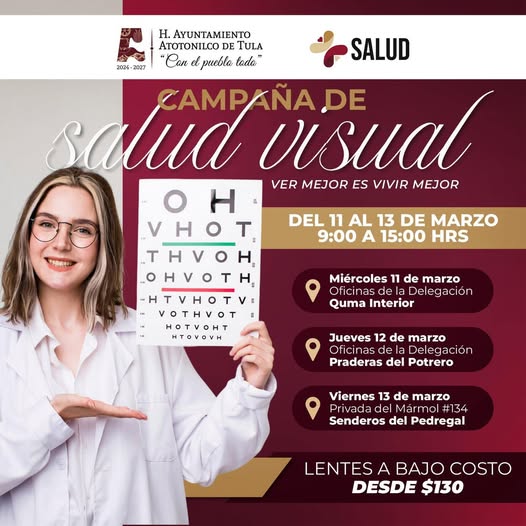 Habrá exámenes de la vista y lentes completos a bajo costo en Atotonilco de Tula