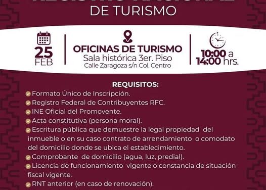 El gobierno de Tula te recuerda que hoy es el día para realizar tu inscripción al Registro Nacional de Turismo.