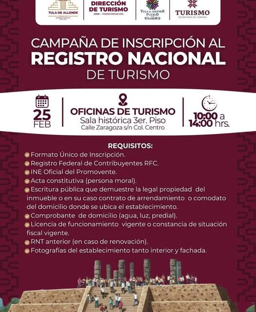 El gobierno de Tula te recuerda que hoy es el día para realizar tu inscripción al Registro Nacional de Turismo.