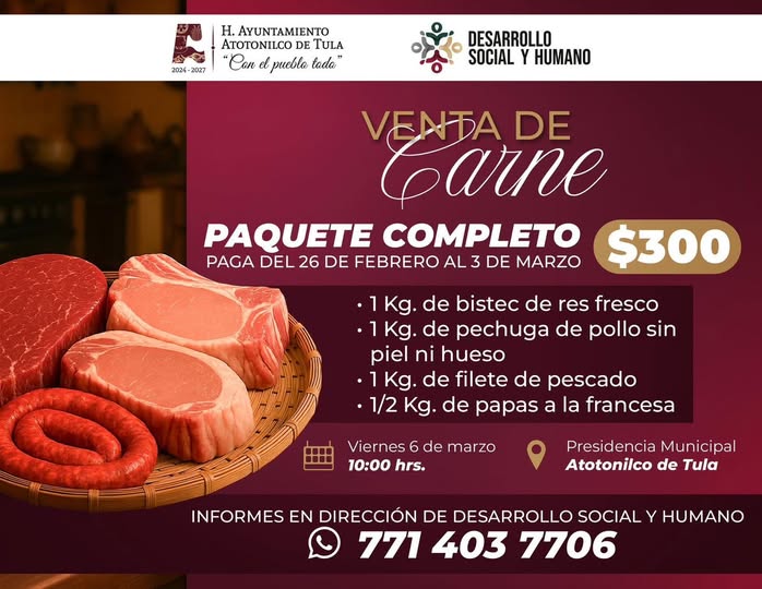 Aún estás a tiempo de inscribirte al porgrama de paquetes de carne a bajo costo en Atotonilco de Tula