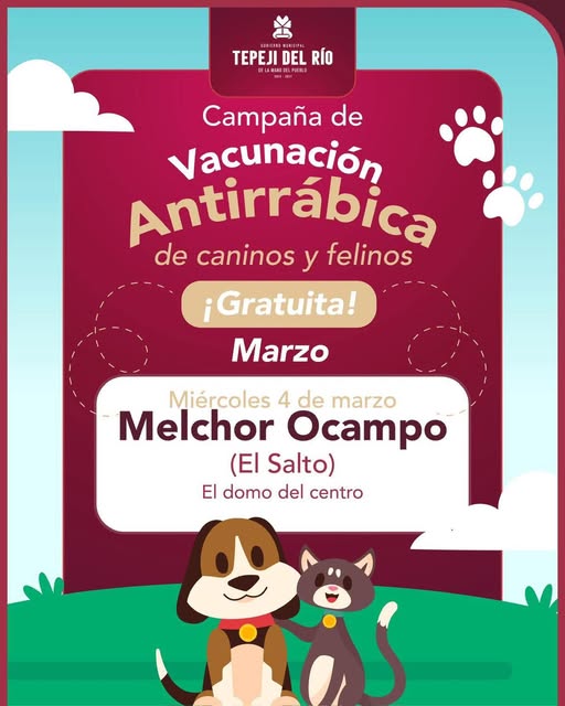Mañana habrá Campaña de Vacunación Antirrábica en la comunidad de Melchor Ocampo, Tepeji del Río