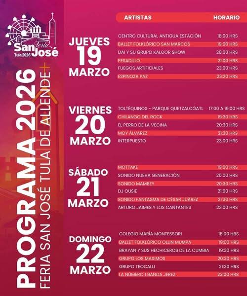 Conoce el programa oficial de la Feria de San José Tula 2026