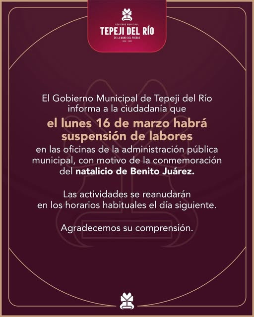 Gobierno de Tepeji del Río suspendera labores el próximo lunes