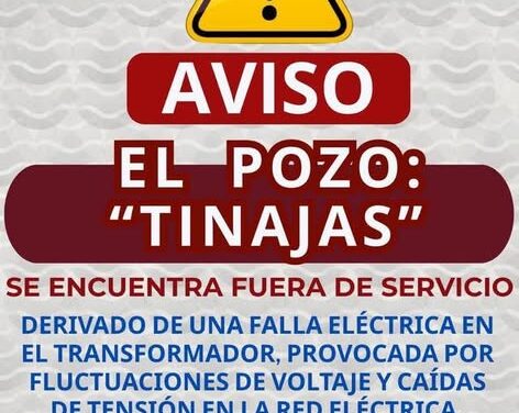 La Comisión de Agua de Tepeji trabaja en restablecer servicio tras falle eléctrica en el Pozo Tinajas
