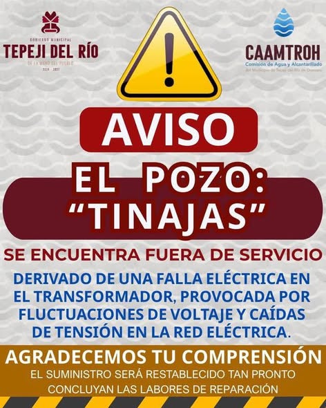 La Comisión de Agua de Tepeji trabaja en restablecer servicio tras falle eléctrica en el Pozo Tinajas