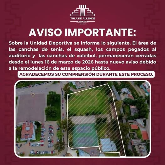 Conoce qué áreas de la Unidad Deportiva de Tula permanecerán cerradas por remodelación