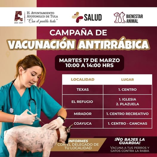 Continúa la campaña de vacunación antirrábica en Atotonilco de Tula