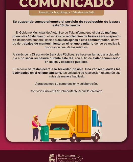 Suspenden recolección de basura en Atotonilco de Tula por mantenimiento en el relleno sanitario