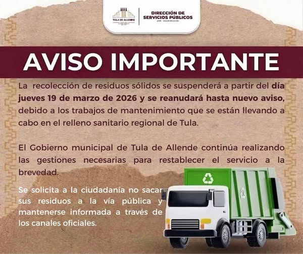 El servicio de recolección de residuos sólidos continúa suspendido hasta nuevo aviso