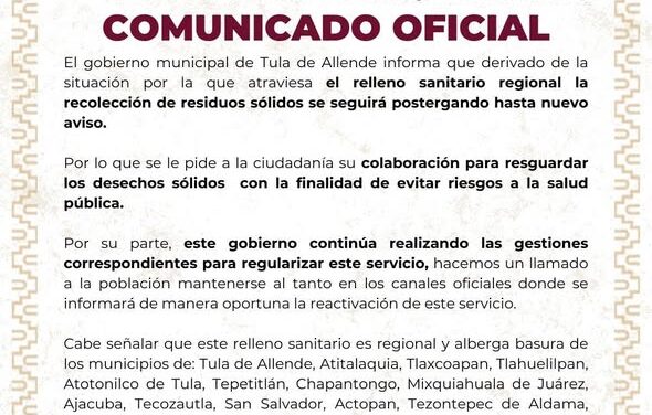 El servicio de recolección de residuos sólidos continúa suspendido en Tula de Allende hasta nuevo aviso