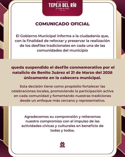 Gobierno de Tepeji informa la suspensión del Desfile de Primavera en la cabecera municipal