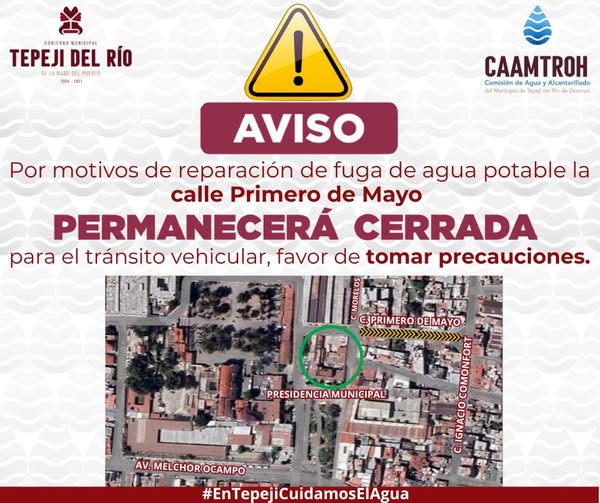 Realizan trabajos de reparación de fuga de agua potable en la zona centro de Tepeji del Río