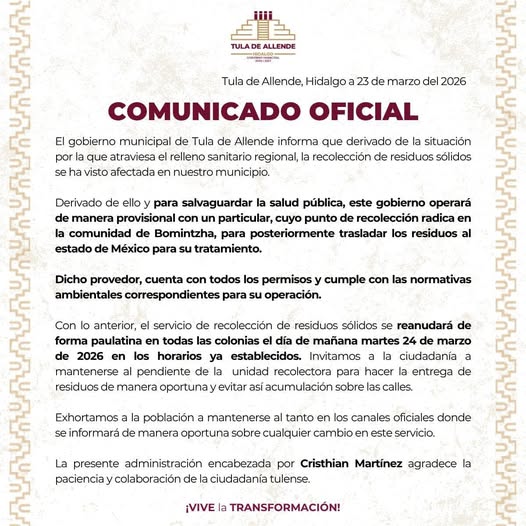 Reanudan servicio de recolección de residuos sólidos en Tula de Allende