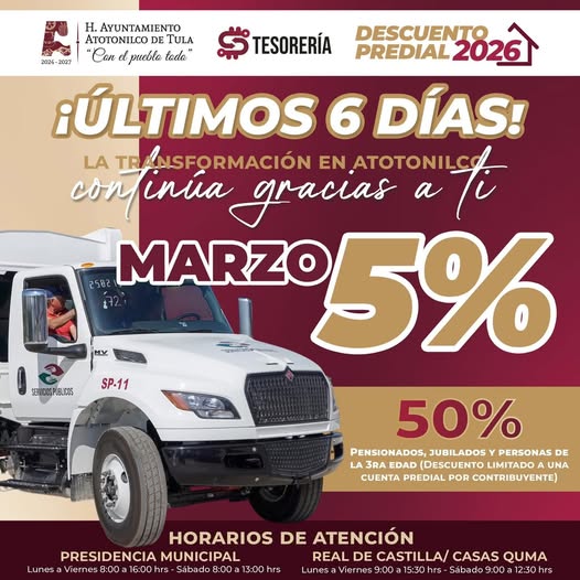 Aún puedes obtener un 5% de descuento en el pago del impuesto predial en Atotonilco de Tula