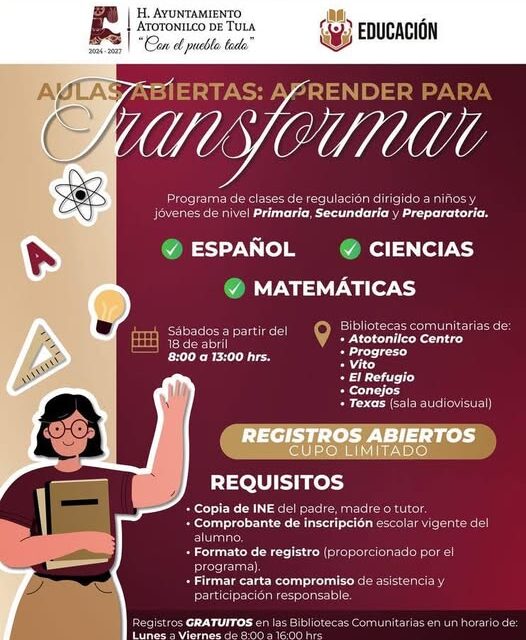 El gobierno de Atotonilco de Tula te invita reforzar tus conocimientos en «Aulas Abiertas»