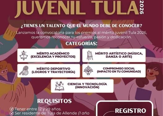 El gobierno municipal de Tula invita a participar en la convocatoria al Premio al Mérito Juvenil